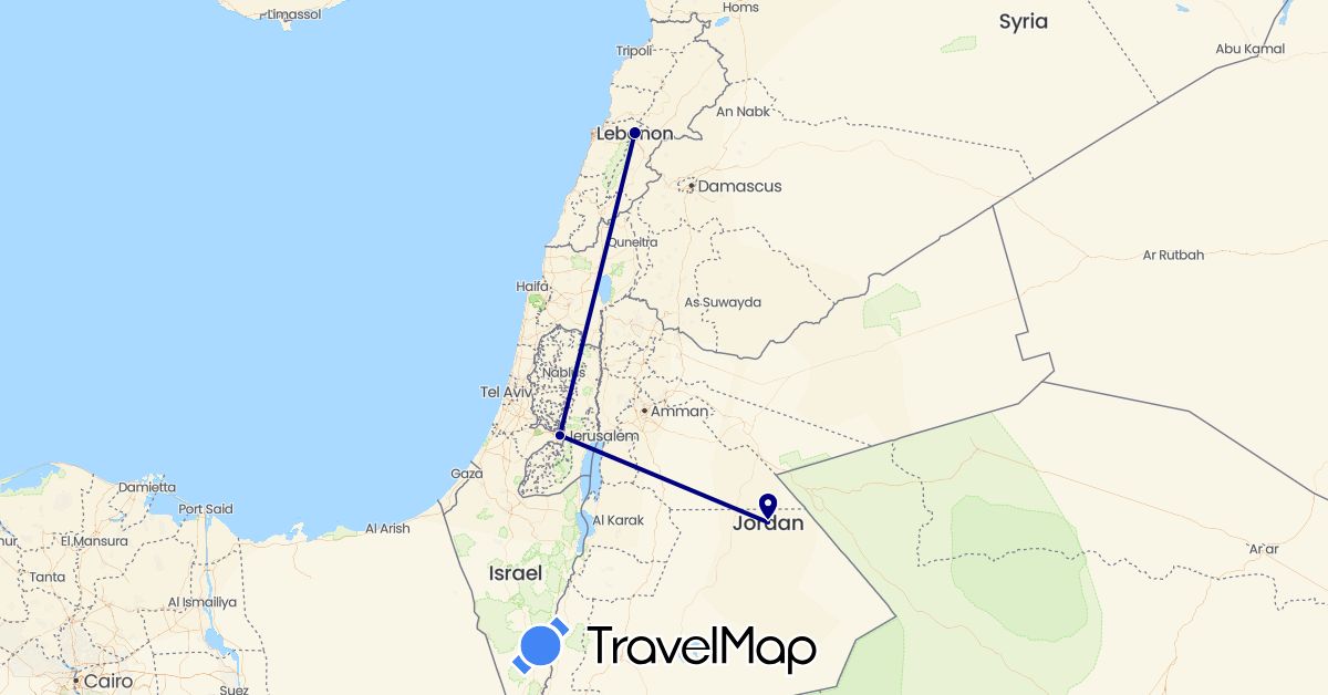 TravelMap itinerary: driving in Israel, Jordan, Lebanon (Asia)